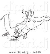 Vector of Cartoon Gator Walking and Listening to Music - Coloring Page Outline by Toonaday