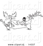 Vector of Cartoon Moose and Elk Jamming in the Snow - Coloring Page Outline by Toonaday