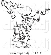 Vector of Cartoon Winter Man Playing a Horn - Coloring Page Outline by Toonaday