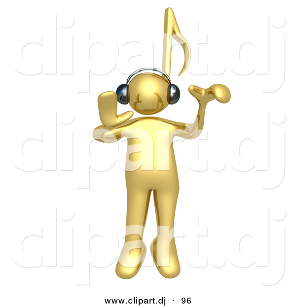 3d Cartoon Clipart of a Gold Man with Music Note Head, Listening to Tunes Through Headphones