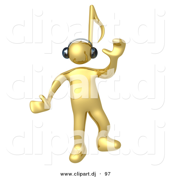 3d Cartoon Clipart of a Happy Gold Man with a Music Note Head, Dancing While Listening to Tunes Through Headphones