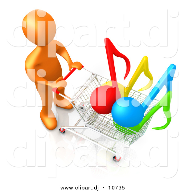 3d Cartoon Clipart of a Orange Man Pushing Shopping Cart with Music Notes