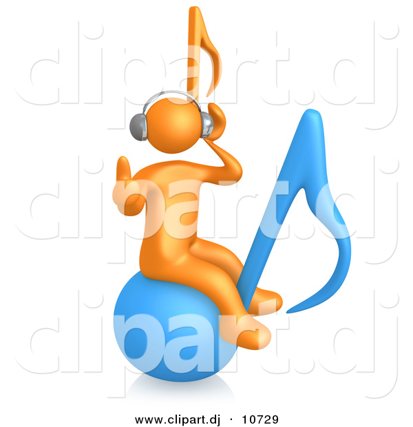 3d Cartoon Clipart of a Orange Man Wearing Wireless Headphones While Sitting on a Blue Music Note