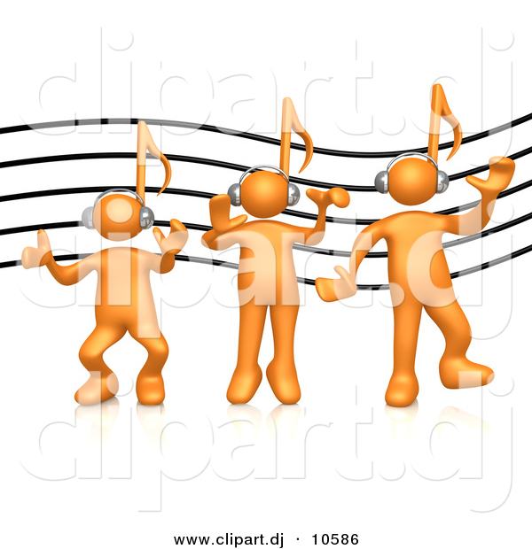 3d Cartoon Vector Clipart of a 3 Orange Music Note Head People Listening to Headphones