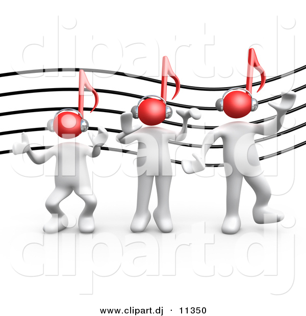 3d Clipart of a 3 White People Dancing in Front of Music Staff Background