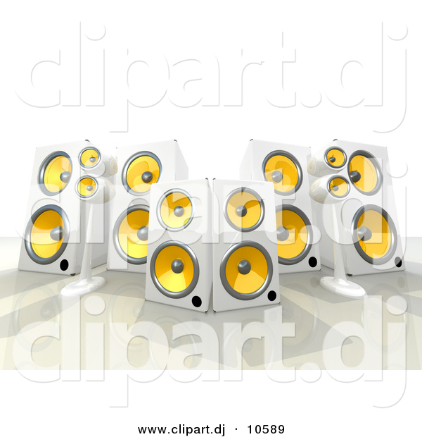 3d Clipart of a 6 White and Yellow Speakers