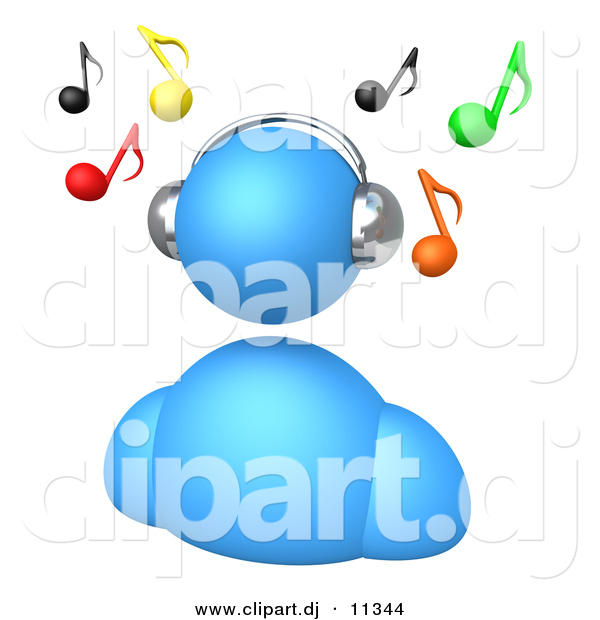 3d Clipart of a Blue Avatar Listening to Music