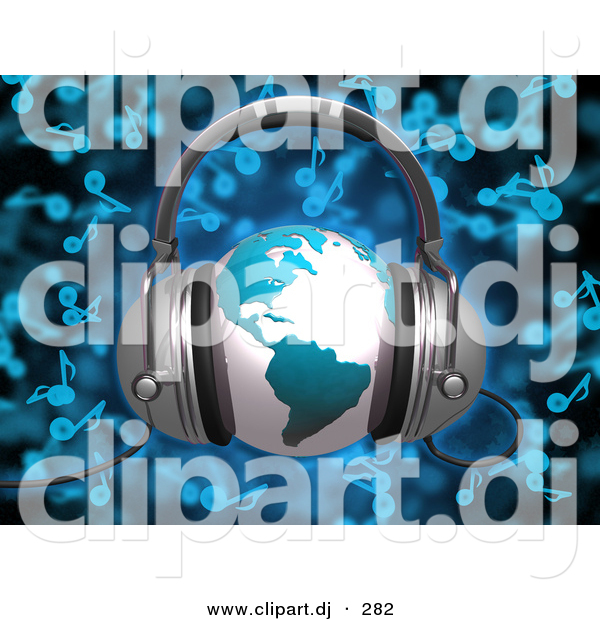 3d Clipart of a Blue Globe Wearing Headphones over Blue Music Notes Background