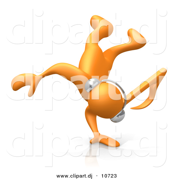 3d Clipart of a Cartoon B-Boy Orange Man Breaking on One Hand While Listening to Music on Wireless Headphones