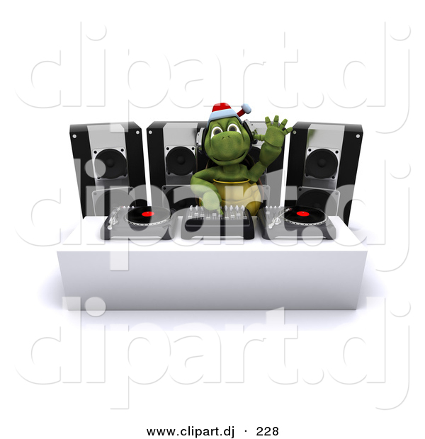 3d Clipart of a Cartoon Turtle Dj Mixing Music at a Christmas Party