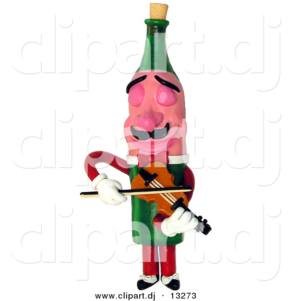 3d Clipart of a Cartoon Wine Bottle Character Playing a Violin