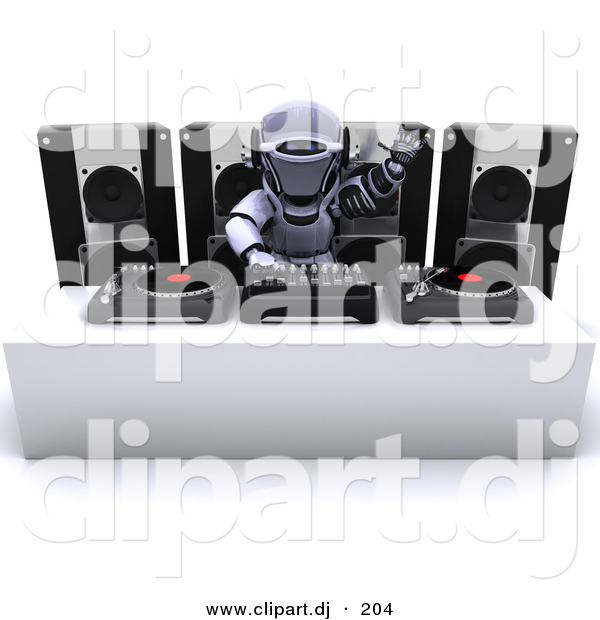 3d Clipart of a Dj Robot Mixing Records in Front of 4 Speaker Boxes