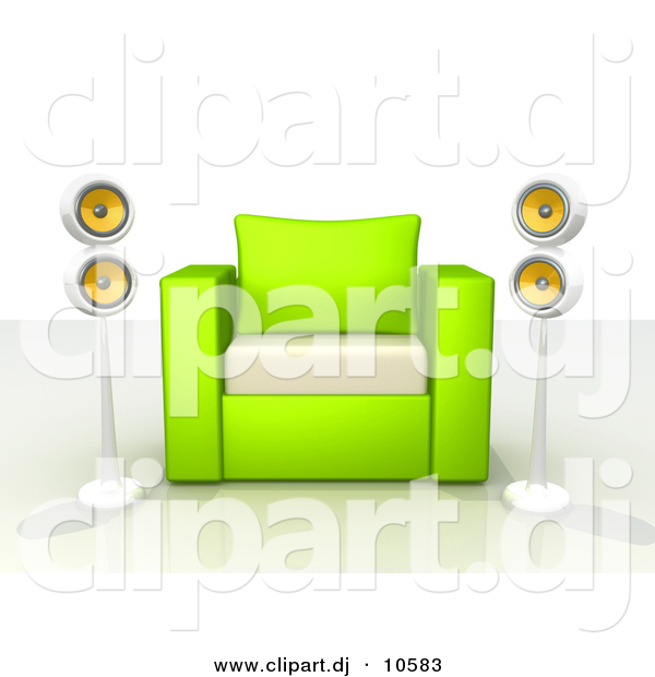 3d Clipart of a Green and White Chair Centered Between 2 Surround Sound Speakers