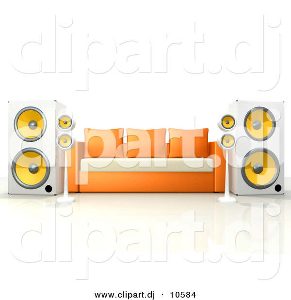 3d Clipart of a Living Room Sofa Surrounded by Large Speakers