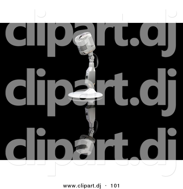 3d Clipart of a Microphone on a Stand Against a Reflective Black Surface