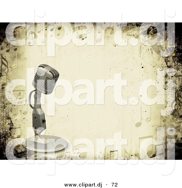 3d Clipart of a Old Vintage Metal Microphone over Grunge Styled Background Bordered by Music Notes