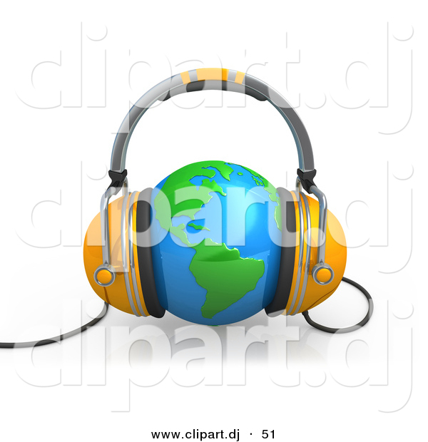 3d Clipart of a Orange Headphones over Blue Globe