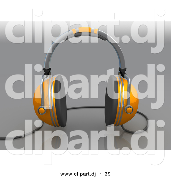 3d Clipart of a Orange Headphones with Wire over Grey Background