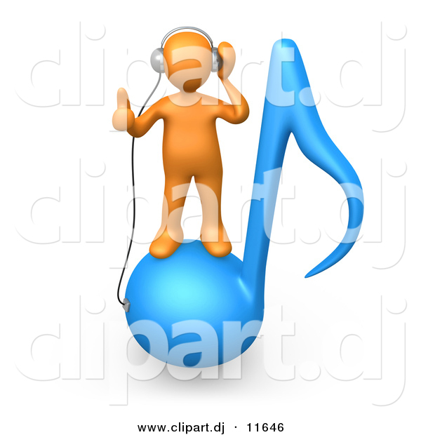 3d Clipart of a Orange Man Wearing Headphones While Standing on Blue Music Note