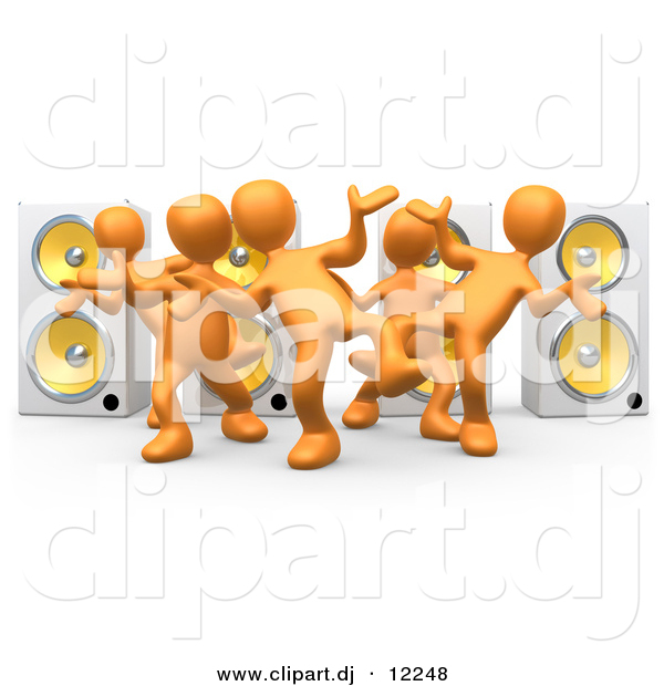 3d Clipart of a Orange People Dancing at a Party in Front of 4 Speakers