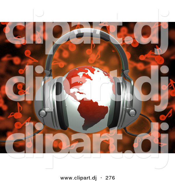 3d Clipart of a Red Globe Wearing Headphones over Red Music Notes Background