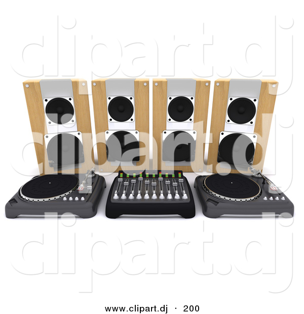 3d Clipart of a Speakers Behind Dual Turn Tables with Equalizer