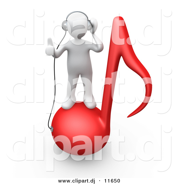 3d Clipart of a White Man on Red Music Note While Wearing Headphones