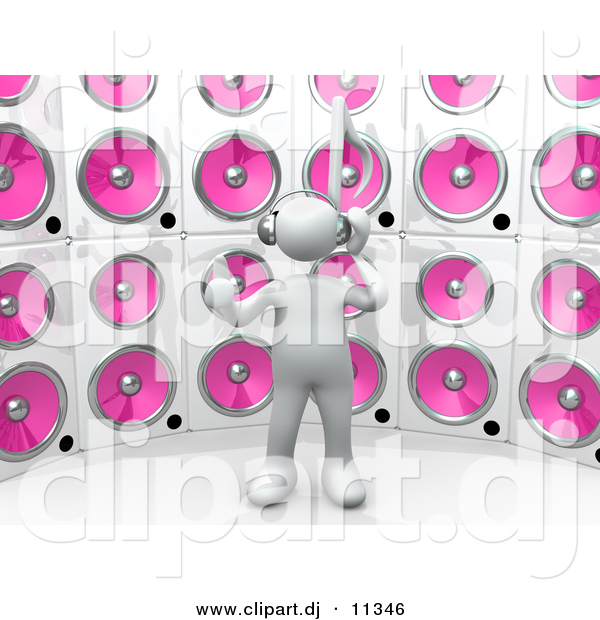 3d Clipart of a White Person Standing in Front of Huge Pink Speaker Wall