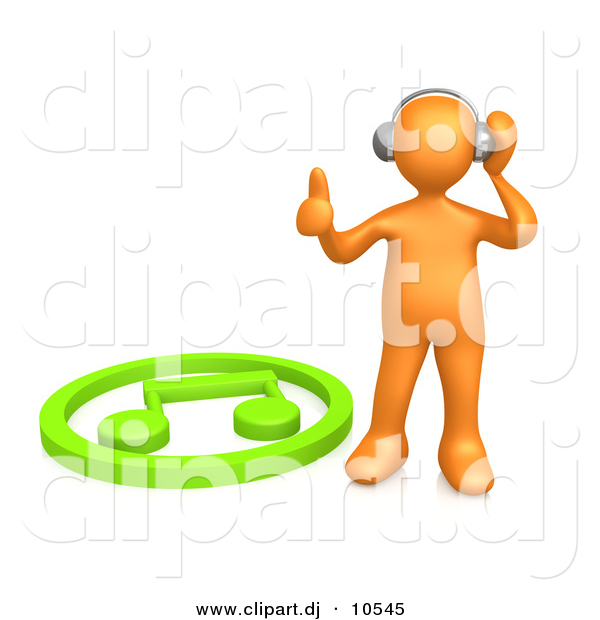 3d Clipart of an Orange Man Listening to Music on Wireless Headphones While Standing Beside Green Music Note