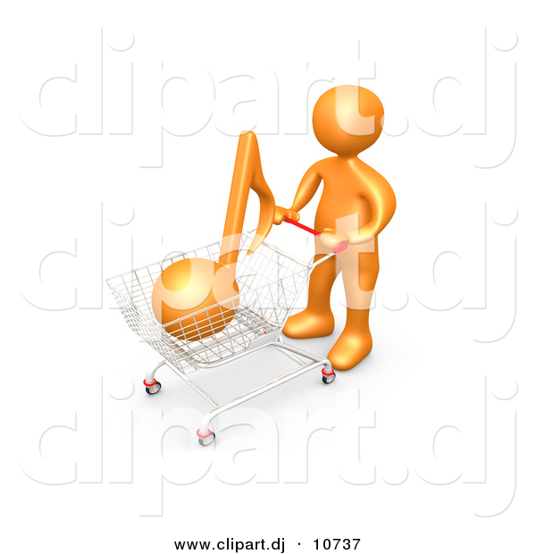 3d Clipart of an Orange Man Shopping for Music with a Push Cart