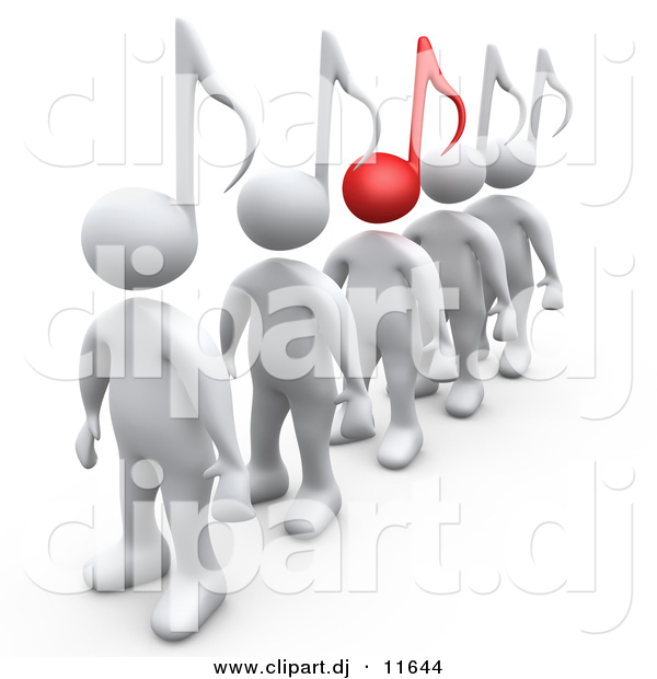 3d Clipart of White People with Music Note Heads, One Is Standing out with a Red Head