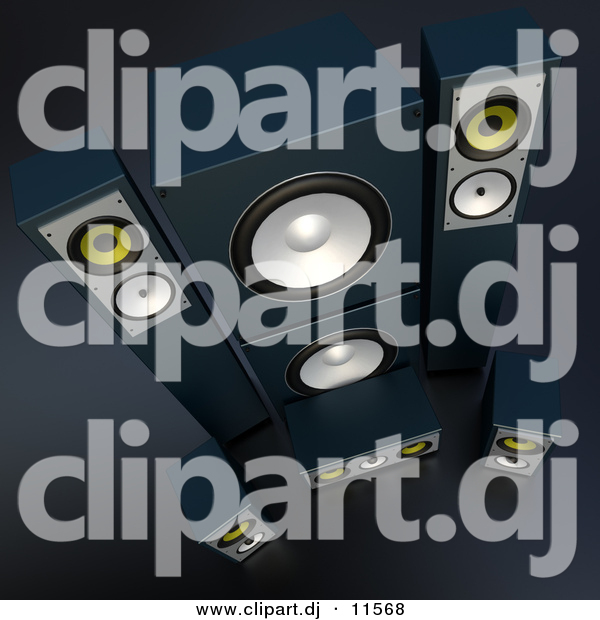 3d Vector Clipart of 7 Black Speakers