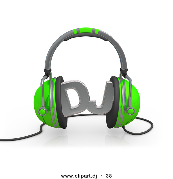 3d Vector Clipart of a DJ Text Between Green Headphones