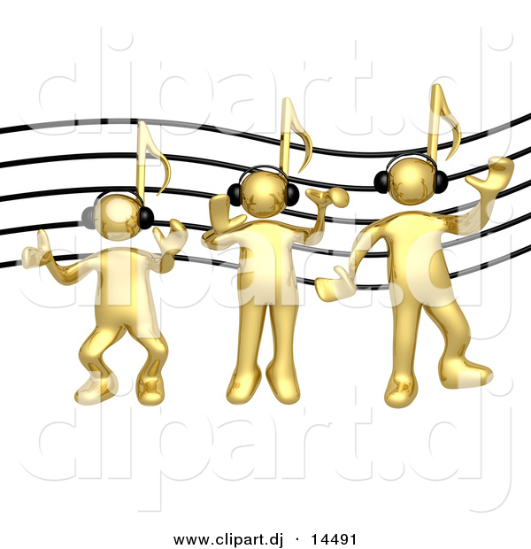 3d Vector Clipart of Gold Guys with Music Note Heads, Wearing Headphones