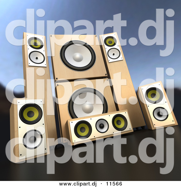 3d Vector Clipart of Wooden Speakers - Complete Surround Sound System