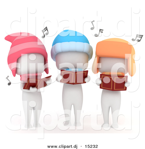 Cartoon Clipart of 3 White Kids Singing Outdoors While Looking at Music Books and Wearing Winter Hats