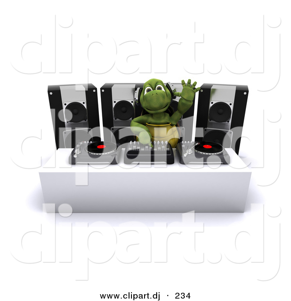 Cartoon Clipart of a DJ Turtle Mixing Music Records and Waving with His Hand in the Air