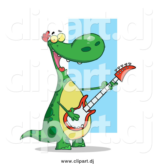 Cartoon Clipart of a Happy Dinosaur Rocking out and Playing His Guitar in His Music Band