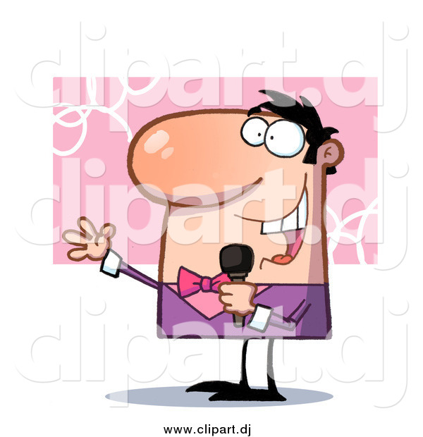 Cartoon Clipart of a Happy White Guy in Pink and Purple Singing into a Microphone While Performing on Stage at a Concert