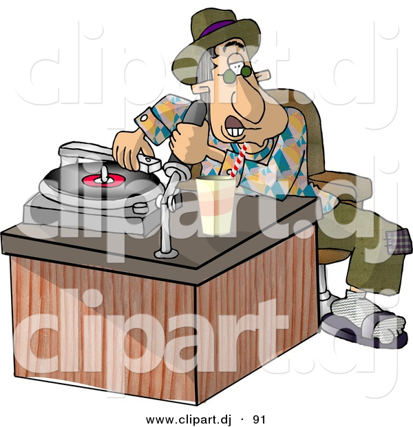 Cartoon Clipart of a Male Disc Jockey (DJ) Putting Record on Music Player