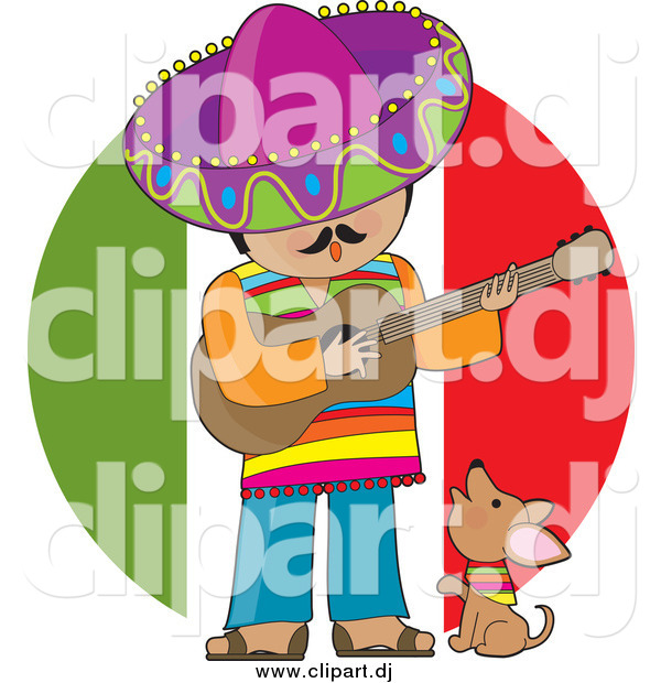 Cartoon Clipart of a Male Mexican Musician Singing and Playing a Guitar with a Chihuahua
