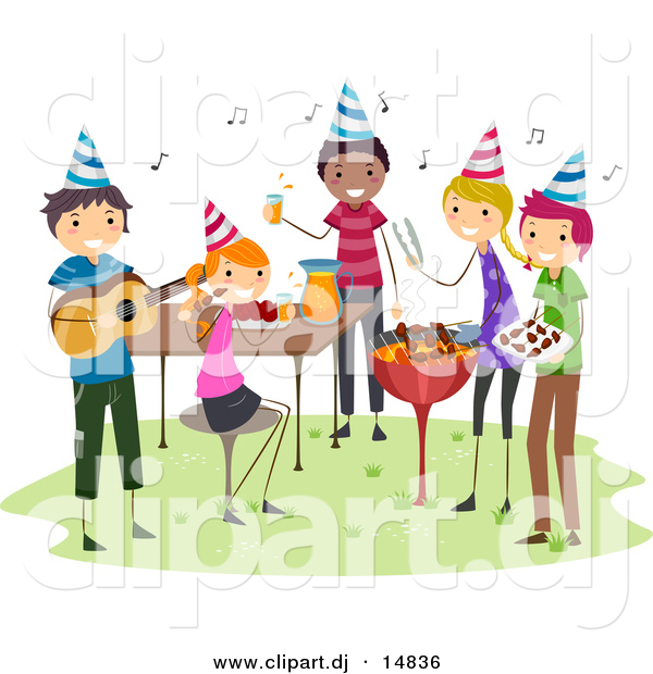 Cartoon Vector Clipart of a BBQ Birthday Party with Happy People Playing Music with Food