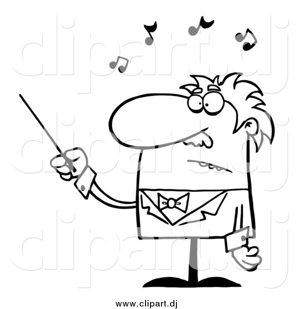 Cartoon Vector Clipart of a Black and White Senior Conductor Waving a Baton