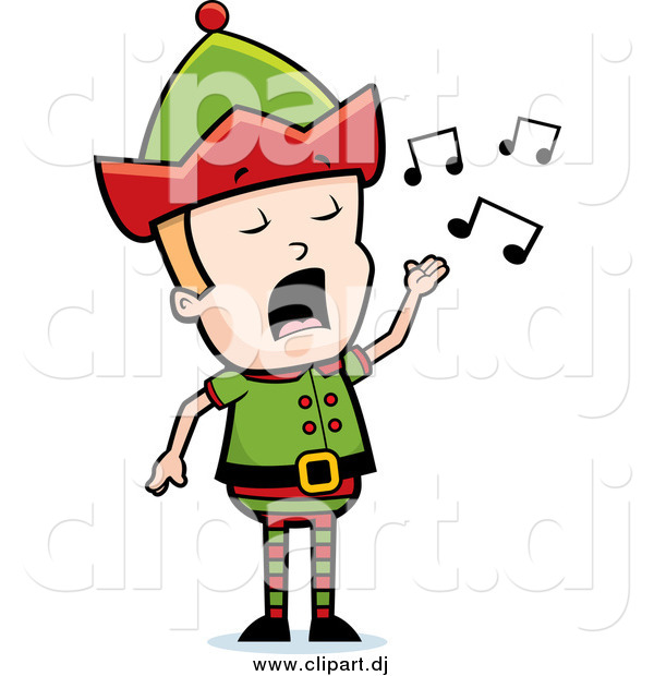 Cartoon Vector Clipart of a Blond Male Christmas Elf Singing