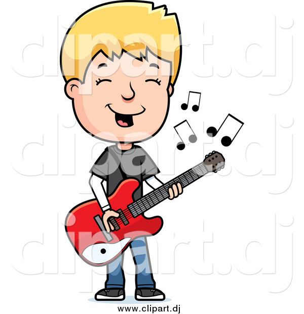 Cartoon Vector Clipart of a Blond Teenage Boy Playing a Guitar