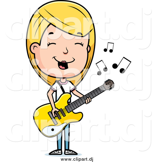 Cartoon Vector Clipart of a Blond Teenage Girl Playing a Guitar