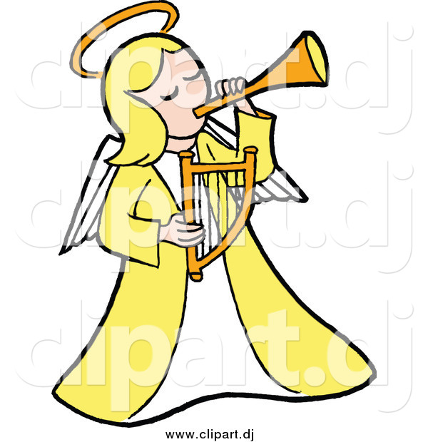Cartoon Vector Clipart of a Blond White Angel in Yellow Playing a Horn and Holding a Lyre