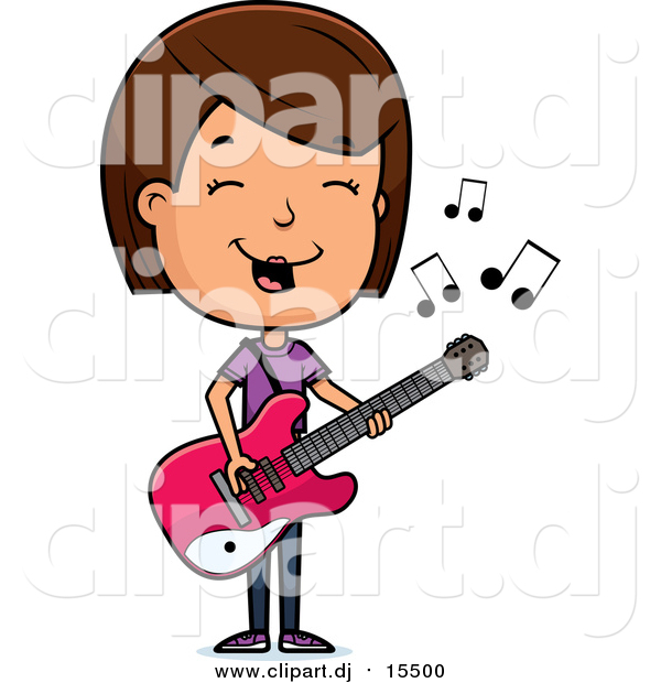 Cartoon Vector Clipart of a Brunette Adolescent White Teenage Girl Playing a Guitar