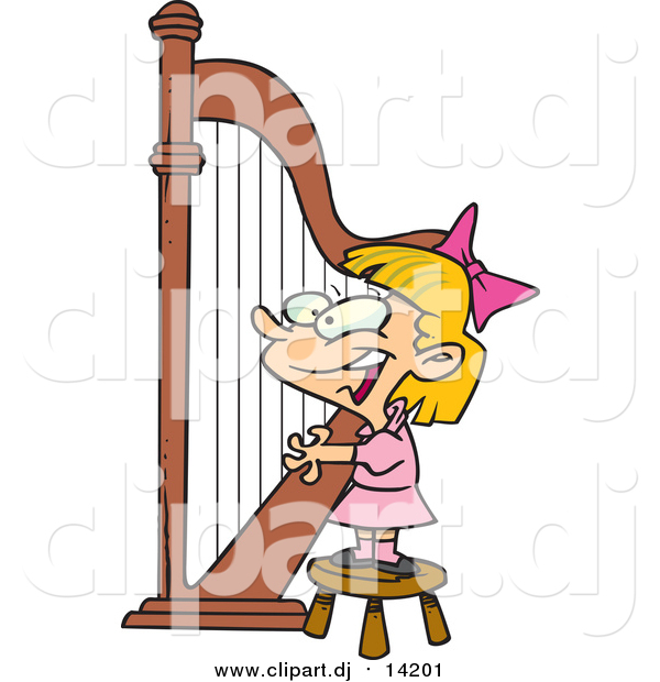 Cartoon Vector Clipart of a Cartoon Blond White Girl Playing a Harp