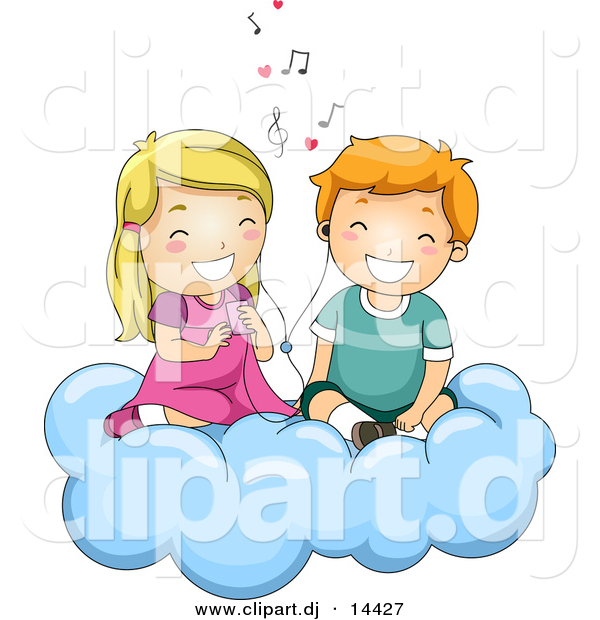 Cartoon Vector Clipart of a Cartoon Boy and Girl Listening to Love Songs While Sitting on a Cloud